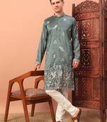 Dusty teal heavy silk thread & zari embroidered band collar kurta pajama