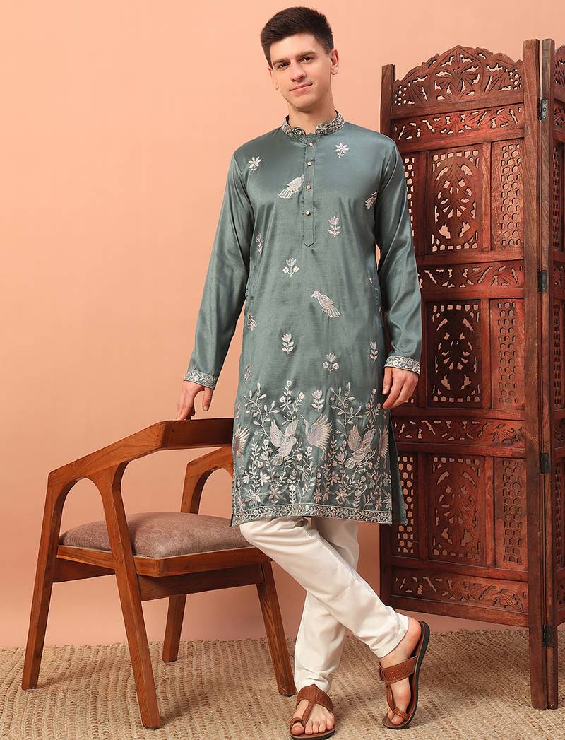 Dusty teal heavy silk thread & zari embroidered band collar kurta pajama