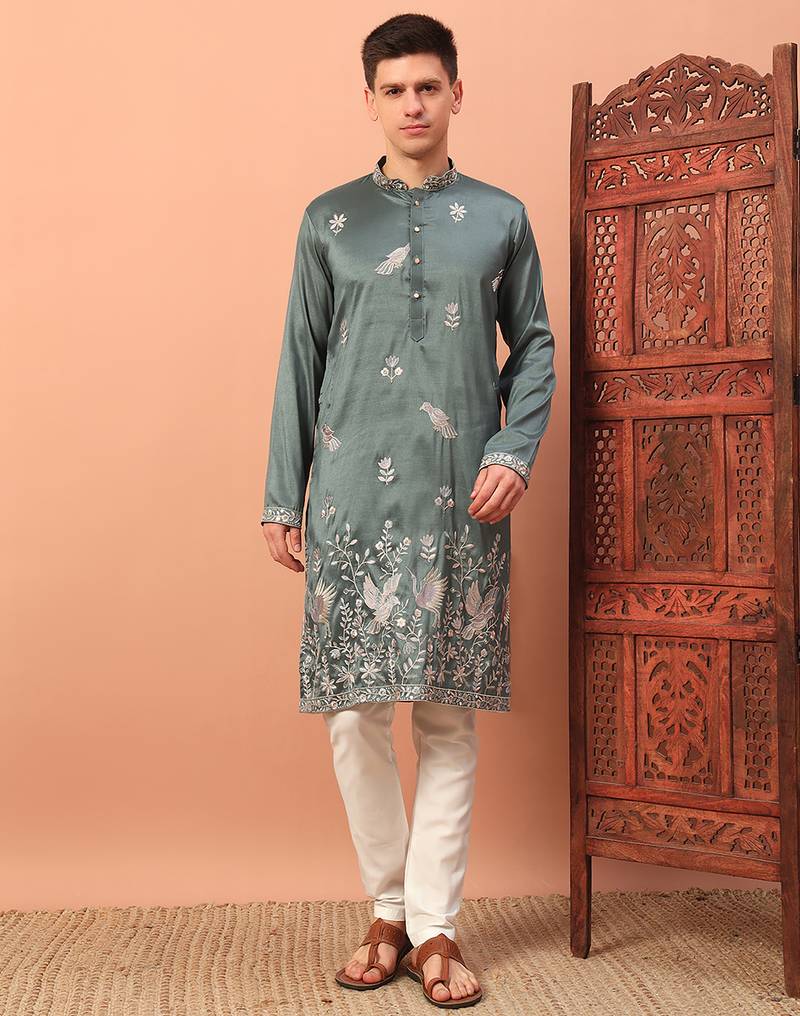 Dusty teal heavy silk thread & zari embroidered band collar kurta pajama