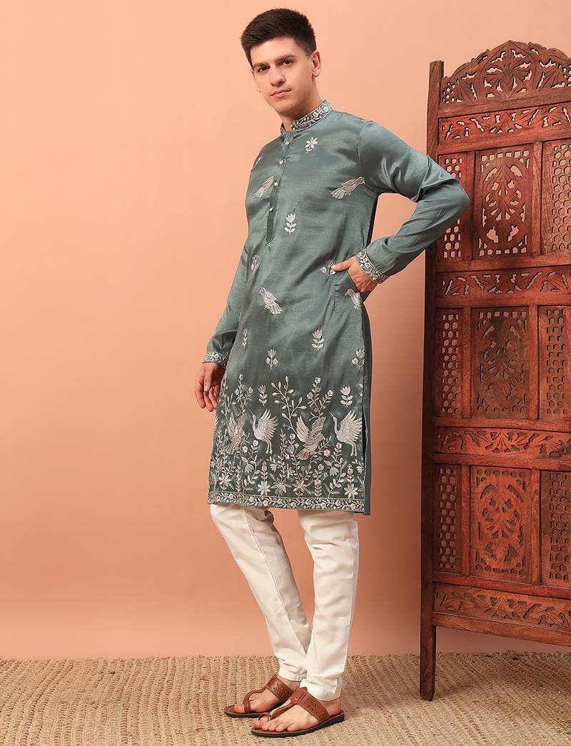Dusty teal heavy silk thread & zari embroidered band collar kurta pajama