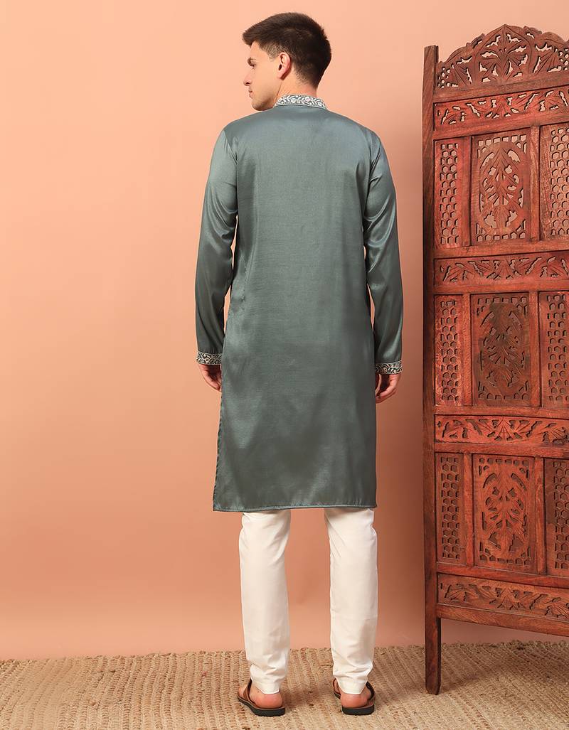 Dusty teal heavy silk thread & zari embroidered band collar kurta pajama