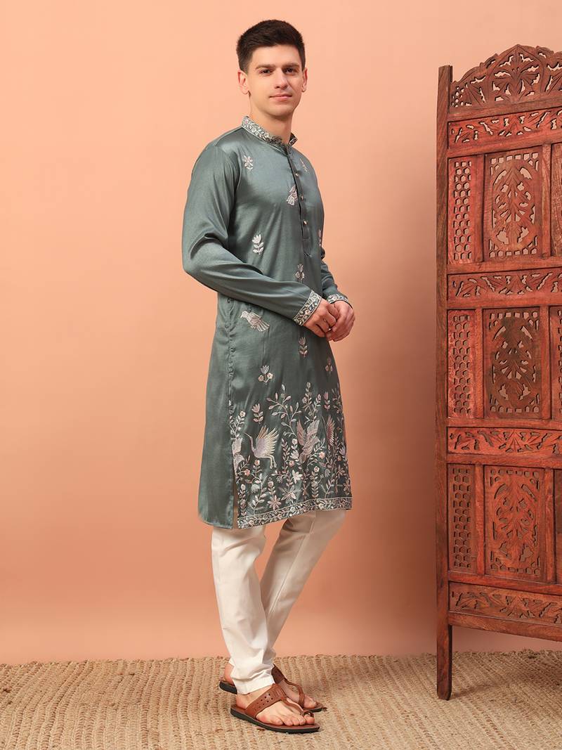 Dusty teal heavy silk thread & zari embroidered band collar kurta pajama