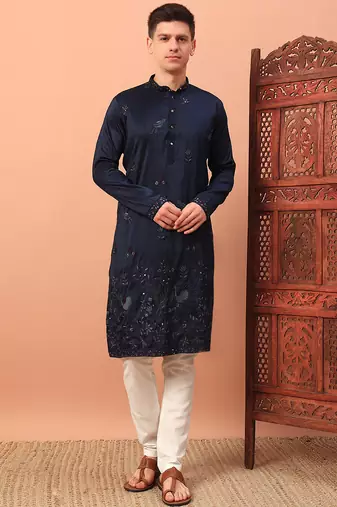 Navy blue heavy silk thread & zari embroidered band collar kurta pajama