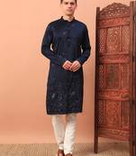 Navy blue heavy silk thread & zari embroidered band collar kurta pajama