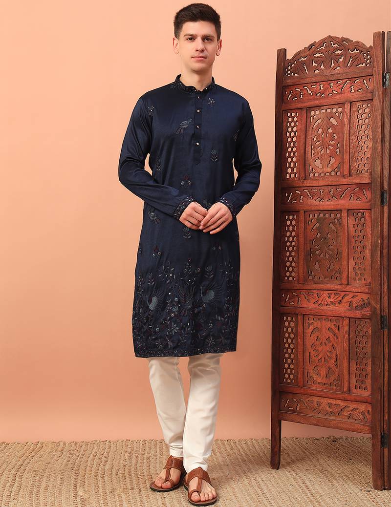 Navy blue heavy silk thread & zari embroidered band collar kurta pajama