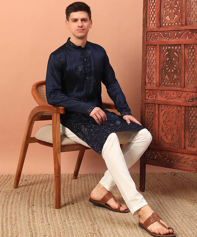Navy blue heavy silk thread & zari embroidered band collar kurta pajama