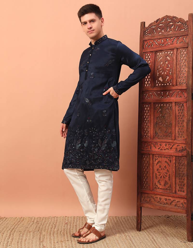 Navy blue heavy silk thread & zari embroidered band collar kurta pajama