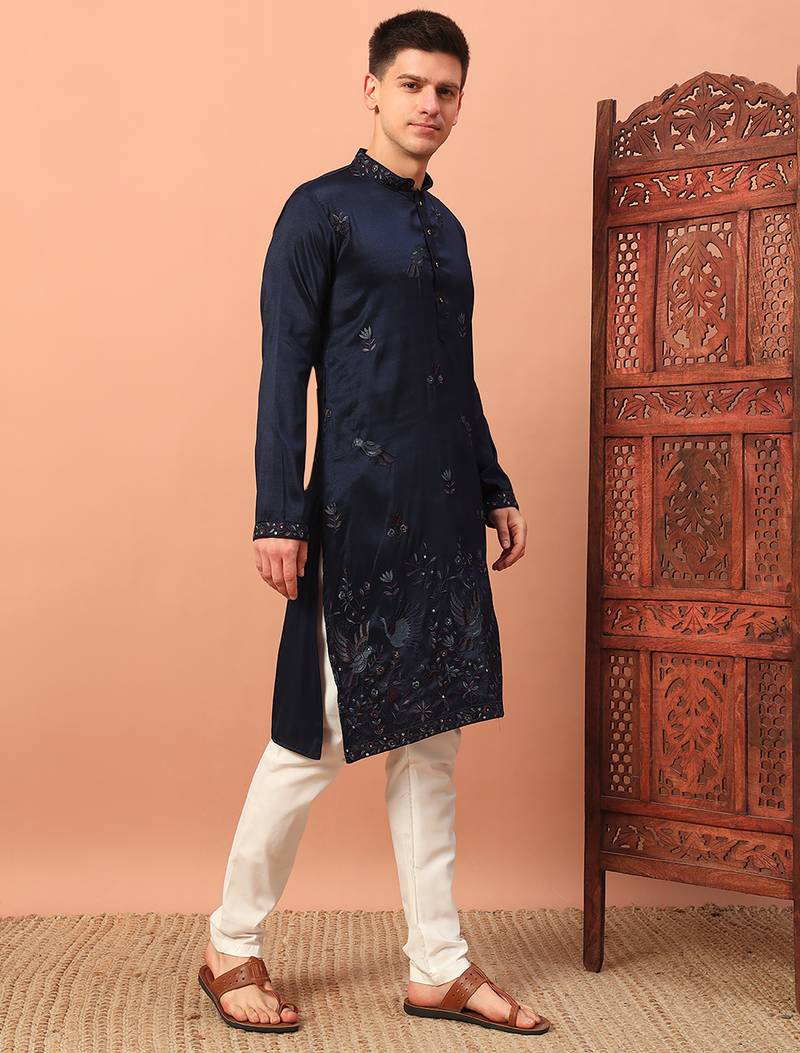 Navy blue heavy silk thread & zari embroidered band collar kurta pajama