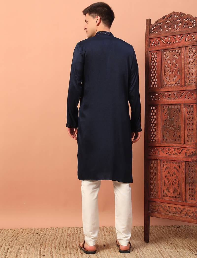 Navy blue heavy silk thread & zari embroidered band collar kurta pajama