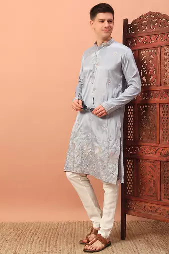 Light grey heavy silk thread & zari embroidered band collar kurta pajama
