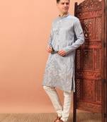 Light grey heavy silk thread & zari embroidered band collar kurta pajama