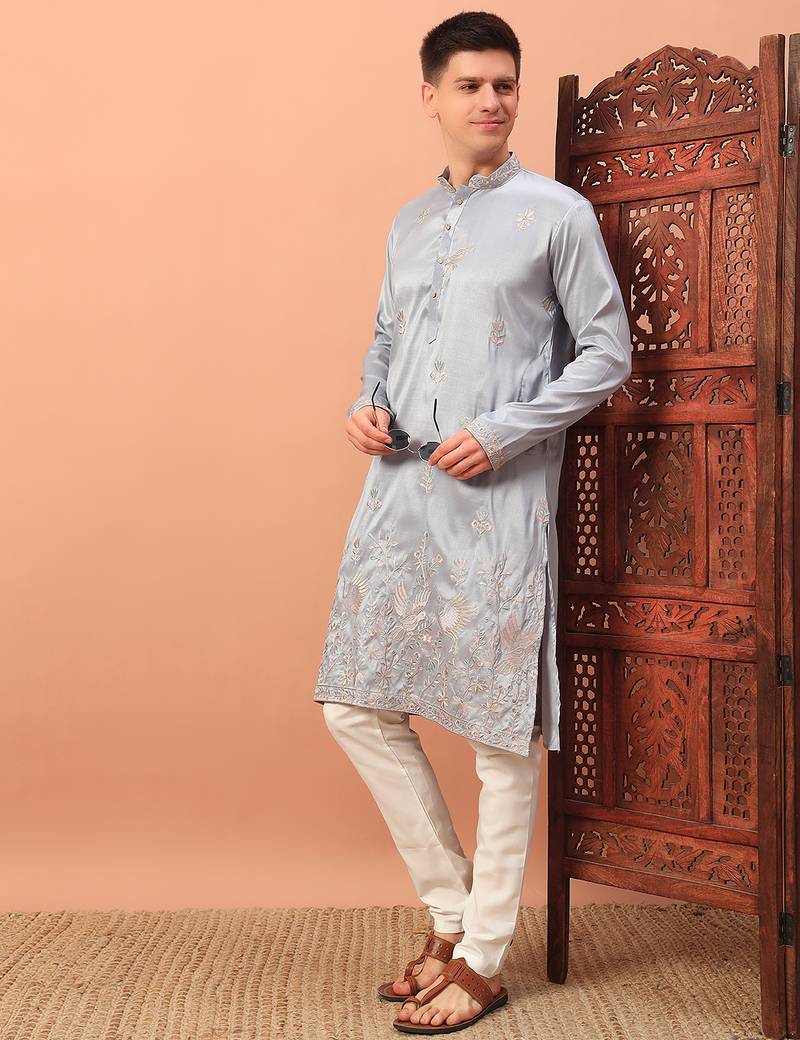 Light grey heavy silk thread & zari embroidered band collar kurta pajama