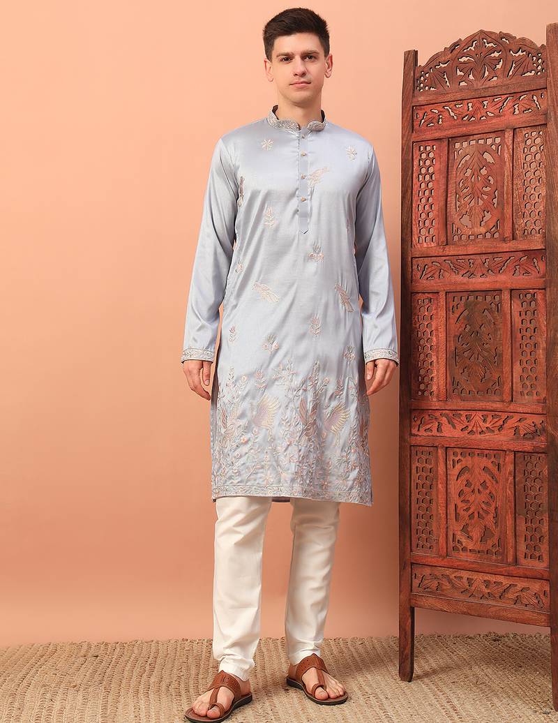 Light grey heavy silk thread & zari embroidered band collar kurta pajama