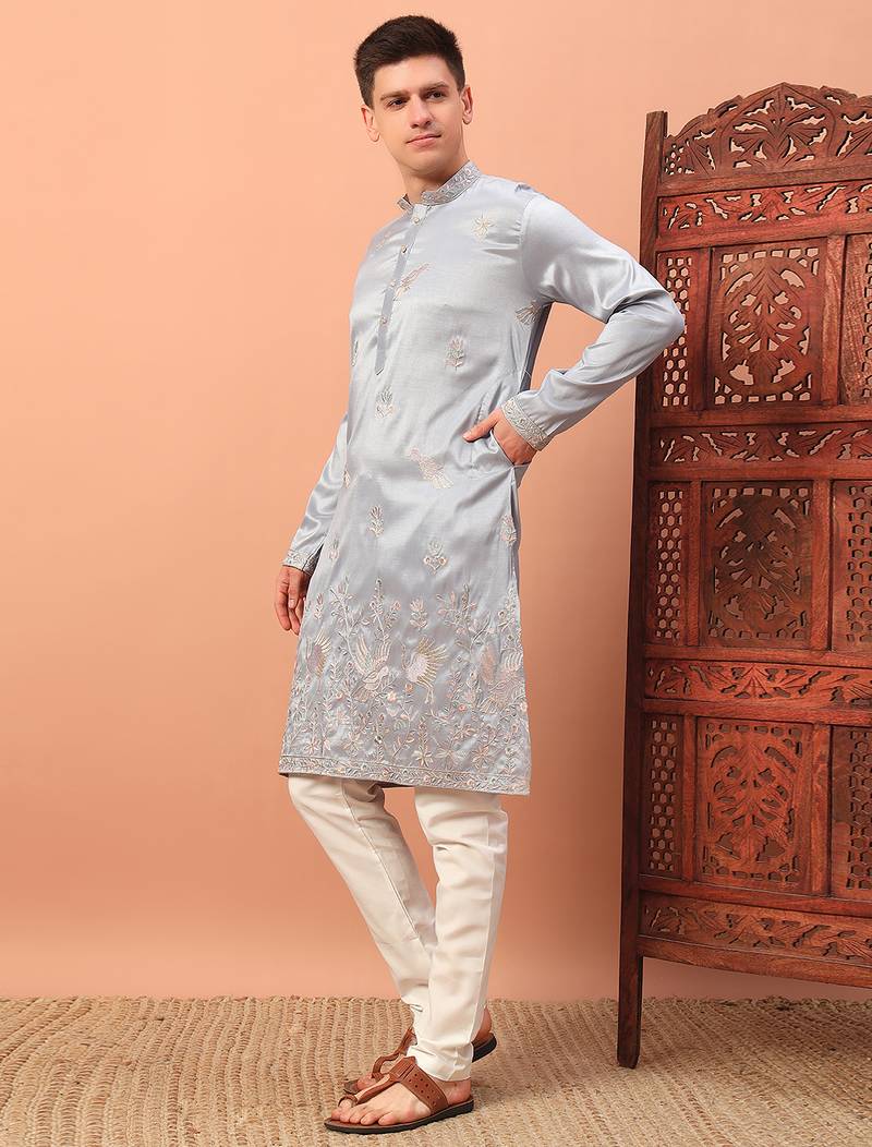 Light grey heavy silk thread & zari embroidered band collar kurta pajama