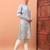 Light grey heavy silk thread & zari embroidered band collar kurta pajama