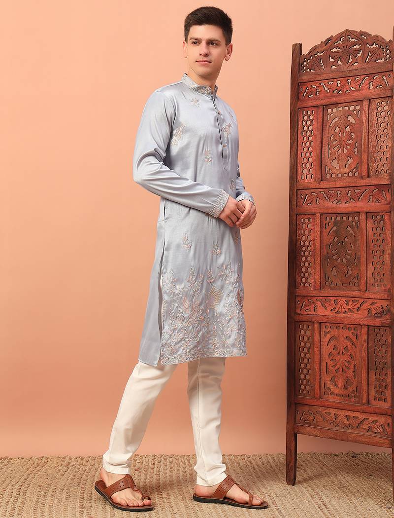 Light grey heavy silk thread & zari embroidered band collar kurta pajama