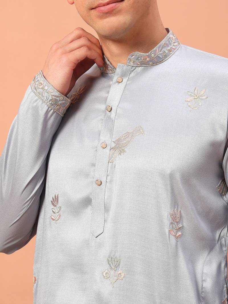 Light grey heavy silk thread & zari embroidered band collar kurta pajama
