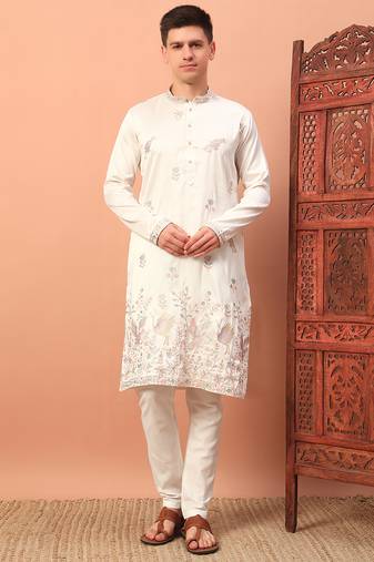 Off white heavy silk thread & zari embroidered band collar kurta pajama