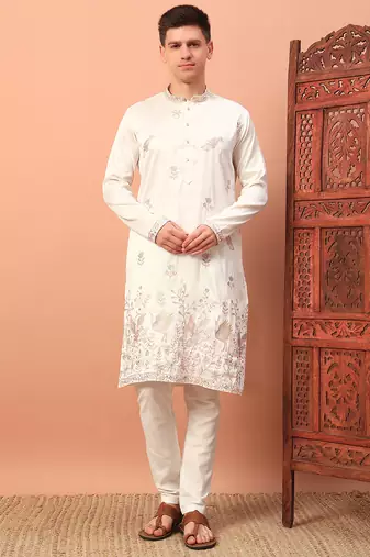 Off white heavy silk thread & zari embroidered band collar kurta pajama