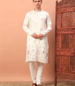 Off white heavy silk thread & zari embroidered band collar kurta pajama