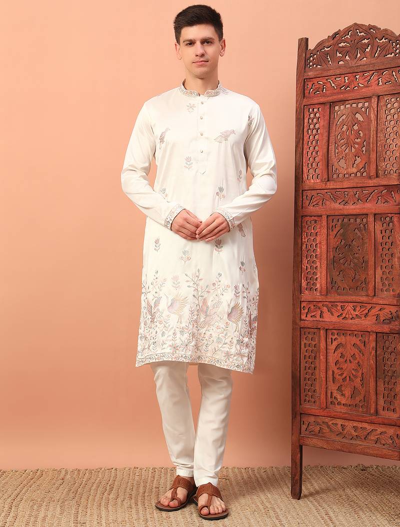 Off white heavy silk thread & zari embroidered band collar kurta pajama