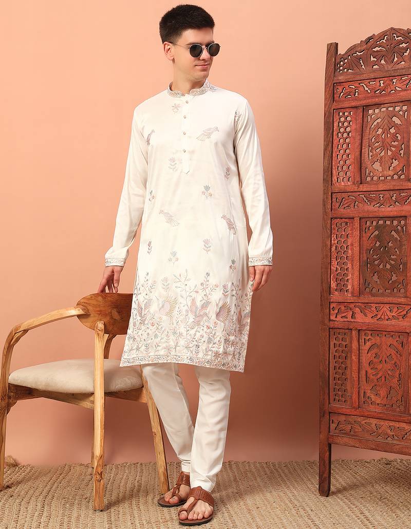 Off white heavy silk thread & zari embroidered band collar kurta pajama