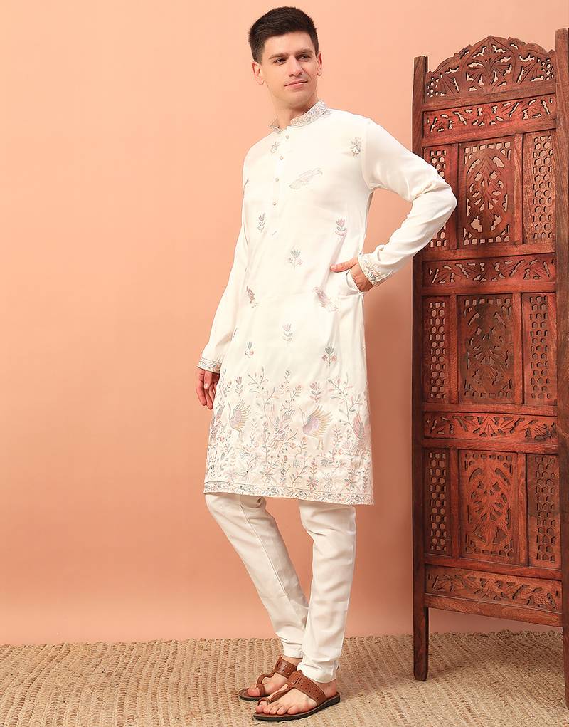 Off white heavy silk thread & zari embroidered band collar kurta pajama