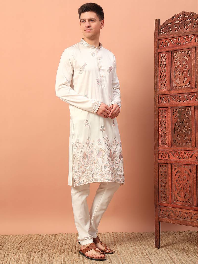 Off white heavy silk thread & zari embroidered band collar kurta pajama