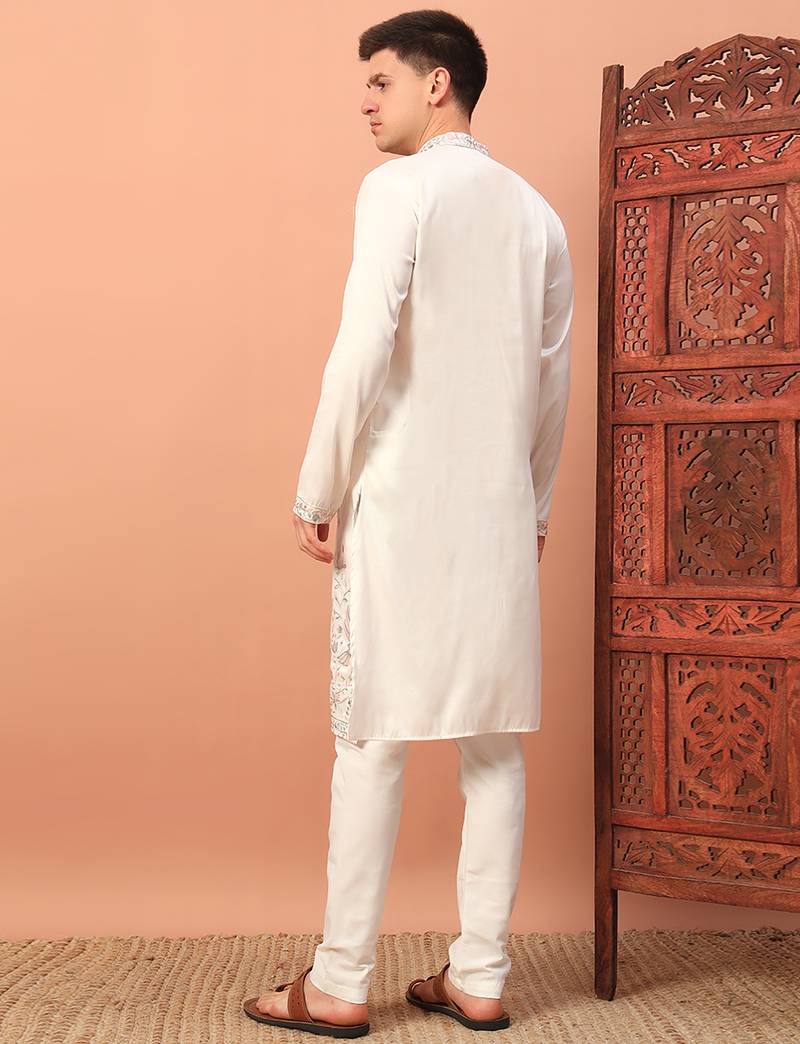 Off white heavy silk thread & zari embroidered band collar kurta pajama