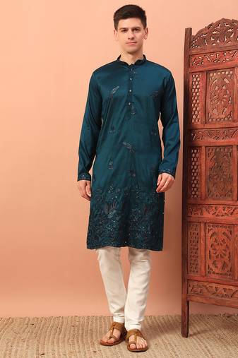 Peacock blue heavy silk thread & zari embroidered band collar kurta pajama