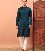 Peacock blue heavy silk thread & zari embroidered band collar kurta pajama