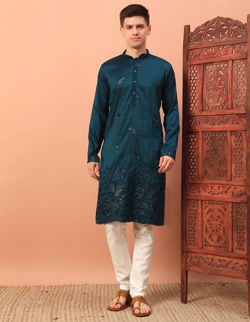 Peacock blue heavy silk thread & zari embroidered band collar kurta pajama