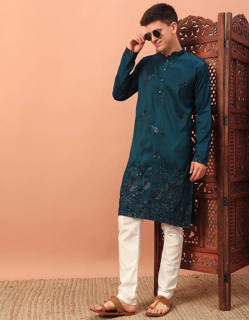 Peacock blue heavy silk thread & zari embroidered band collar kurta pajama