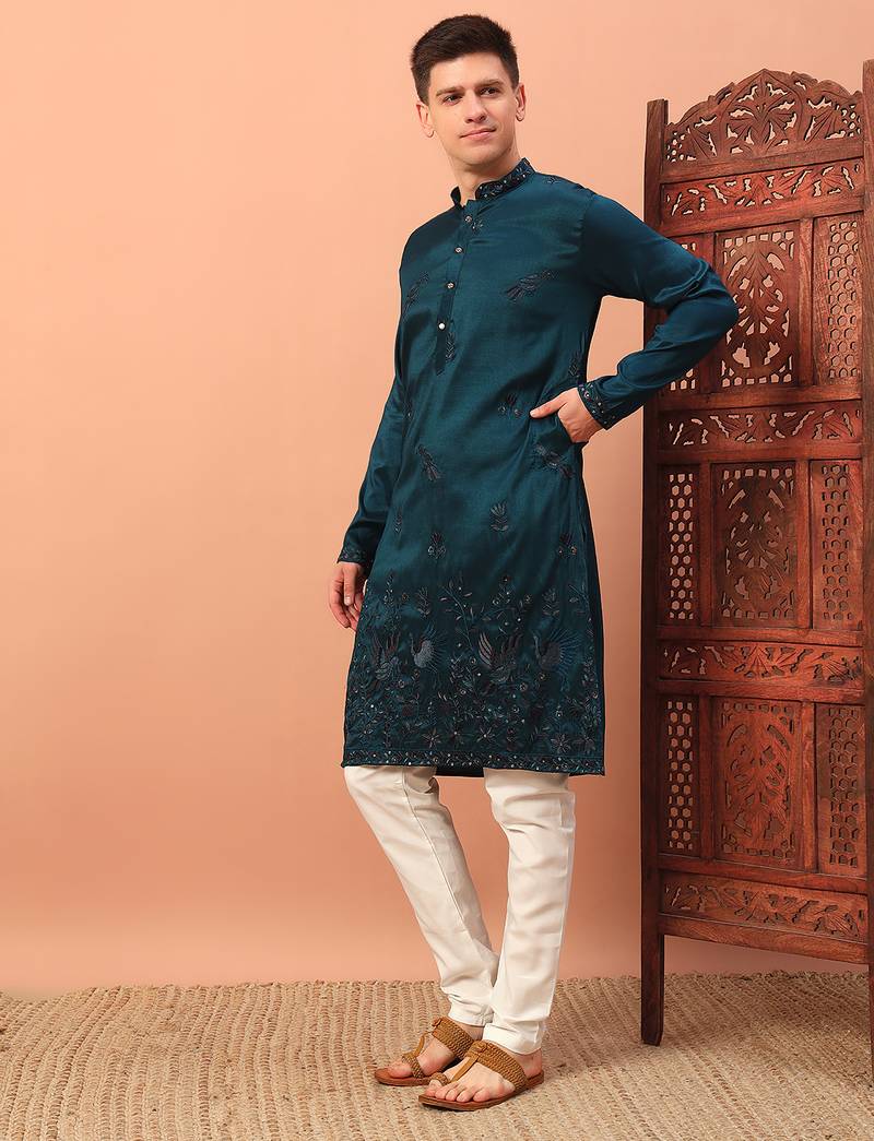 Peacock blue heavy silk thread & zari embroidered band collar kurta pajama