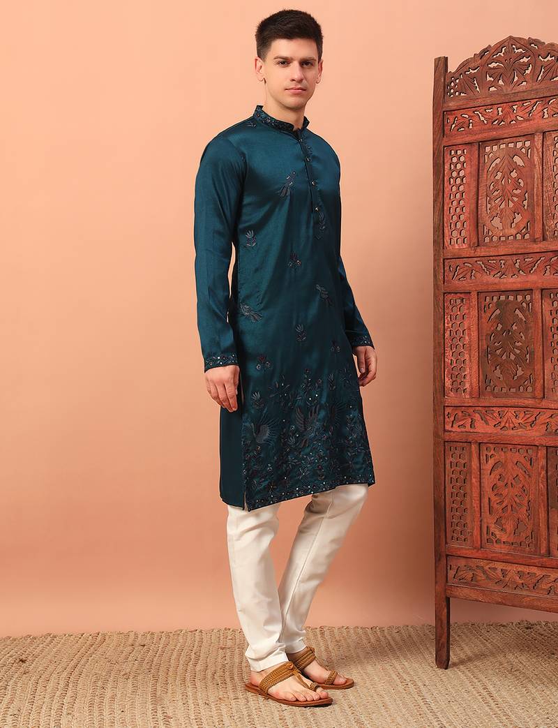 Peacock blue heavy silk thread & zari embroidered band collar kurta pajama