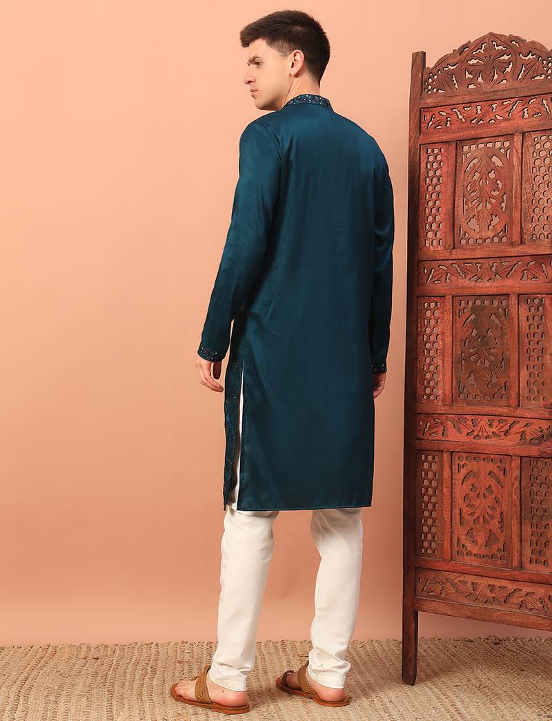 Peacock blue heavy silk thread & zari embroidered band collar kurta pajama
