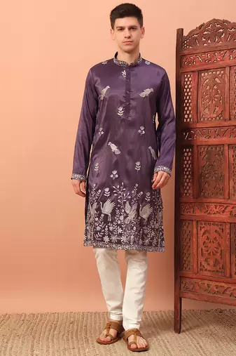 Purple heavy silk thread & zari embroidered band collar kurta pajama