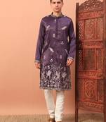Purple heavy silk thread & zari embroidered band collar kurta pajama