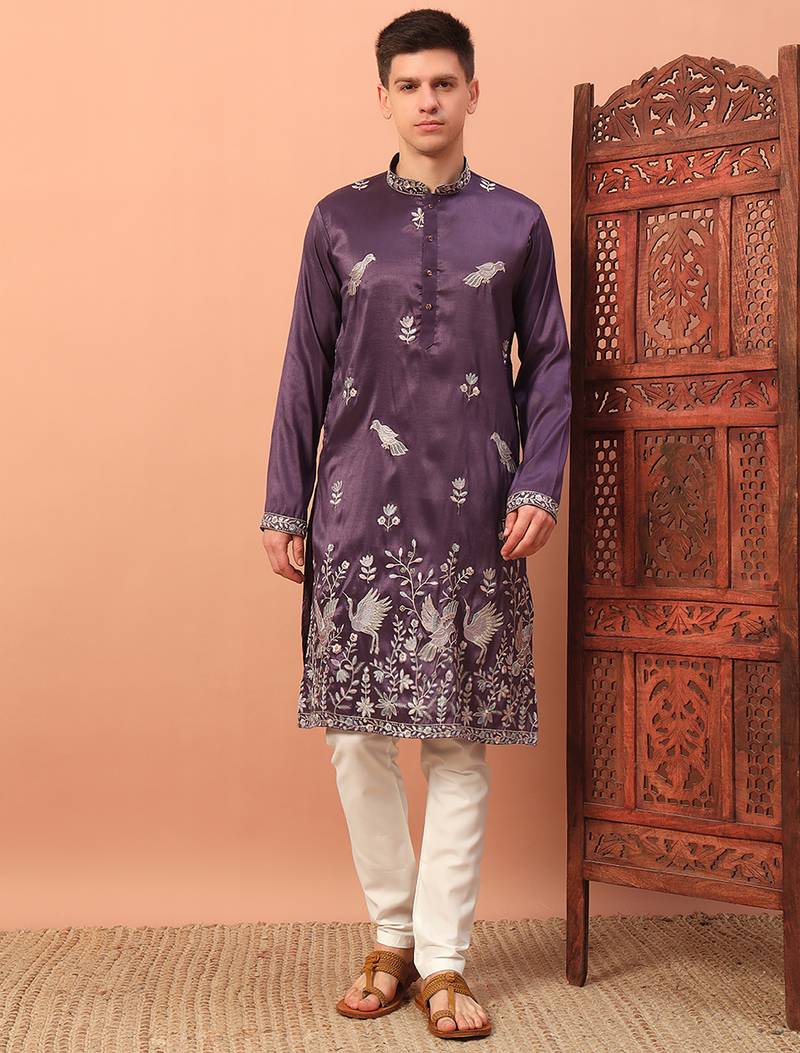 Purple heavy silk thread & zari embroidered band collar kurta pajama