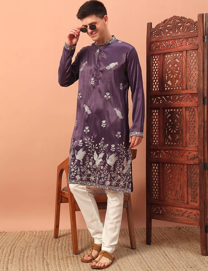Purple heavy silk thread & zari embroidered band collar kurta pajama