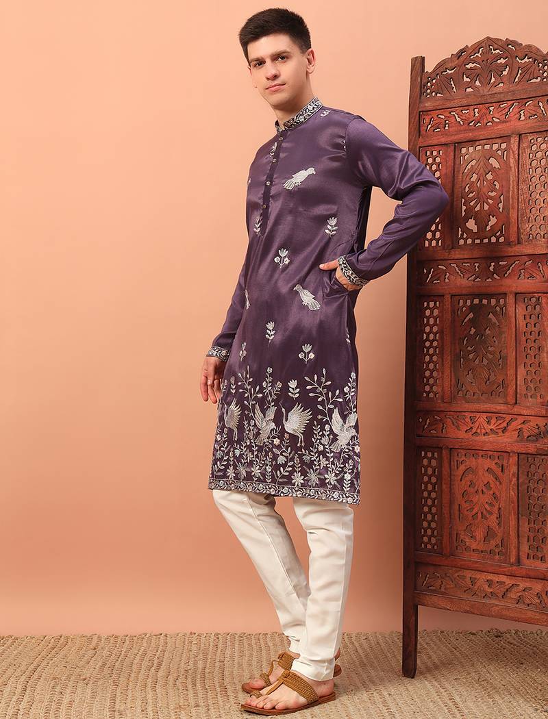 Purple heavy silk thread & zari embroidered band collar kurta pajama