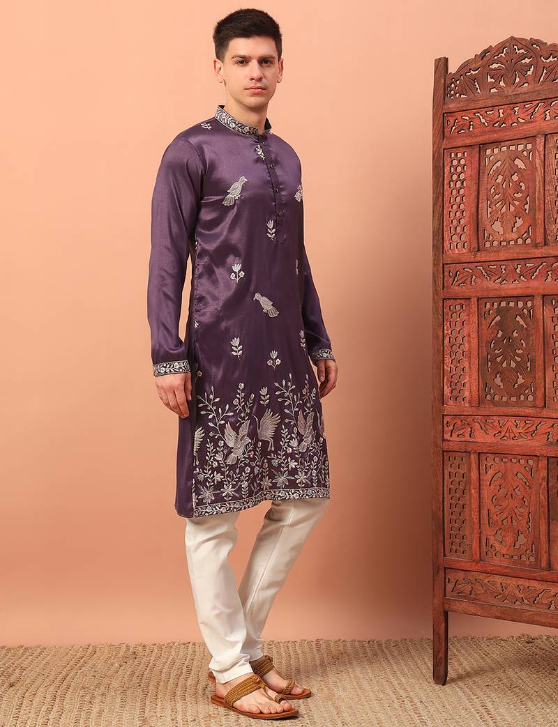 Purple heavy silk thread & zari embroidered band collar kurta pajama