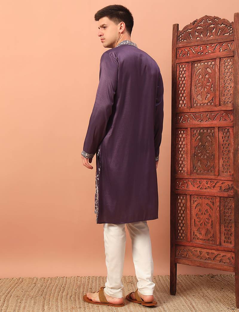 Purple heavy silk thread & zari embroidered band collar kurta pajama