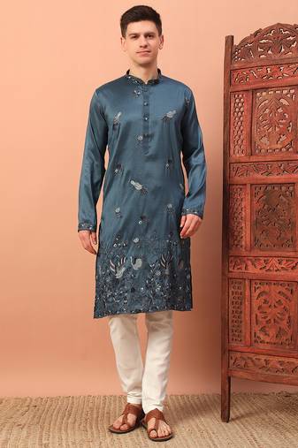 Teal blue heavy silk thread & zari embroidered band collar kurta pajama