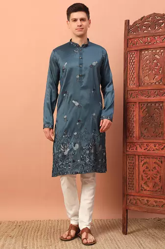 Teal blue heavy silk thread & zari embroidered band collar kurta pajama