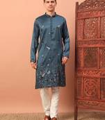 Teal blue heavy silk thread & zari embroidered band collar kurta pajama