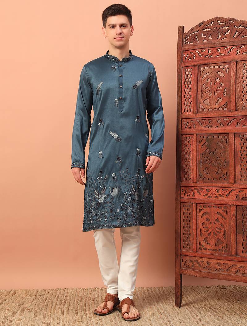 Teal blue heavy silk thread & zari embroidered band collar kurta pajama
