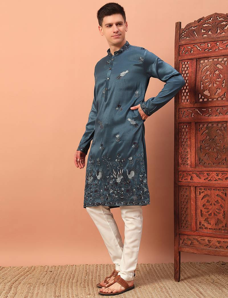 Teal blue heavy silk thread & zari embroidered band collar kurta pajama