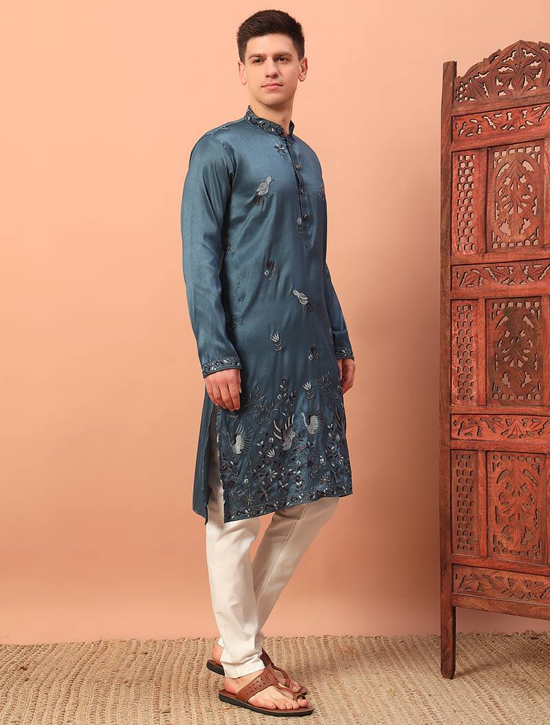 Teal blue heavy silk thread & zari embroidered band collar kurta pajama