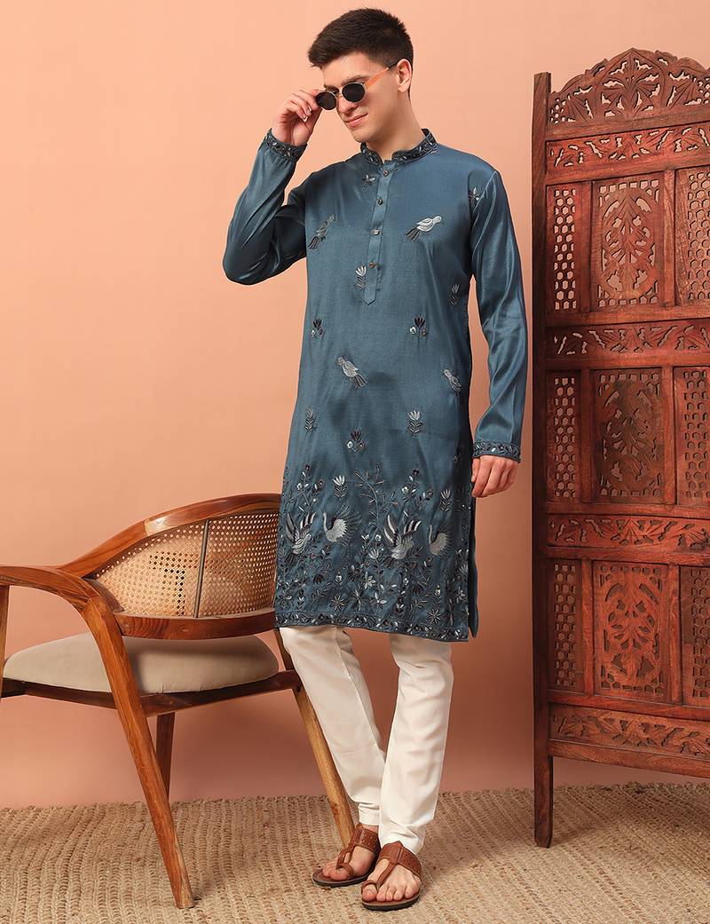 Teal blue heavy silk thread & zari embroidered band collar kurta pajama